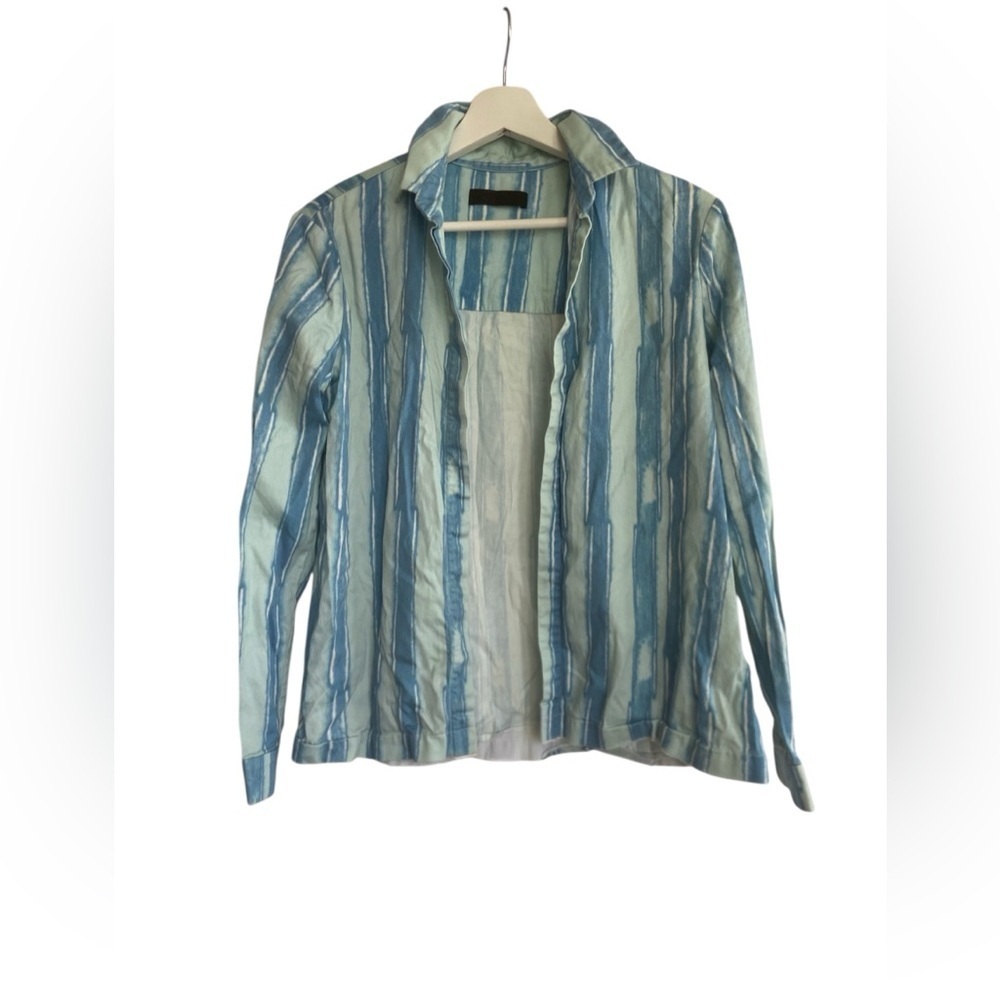 Marna Ro Blue Watercolor Stripe Blazer Blouse • Y2K Coastal Artistic Shirt Sz S